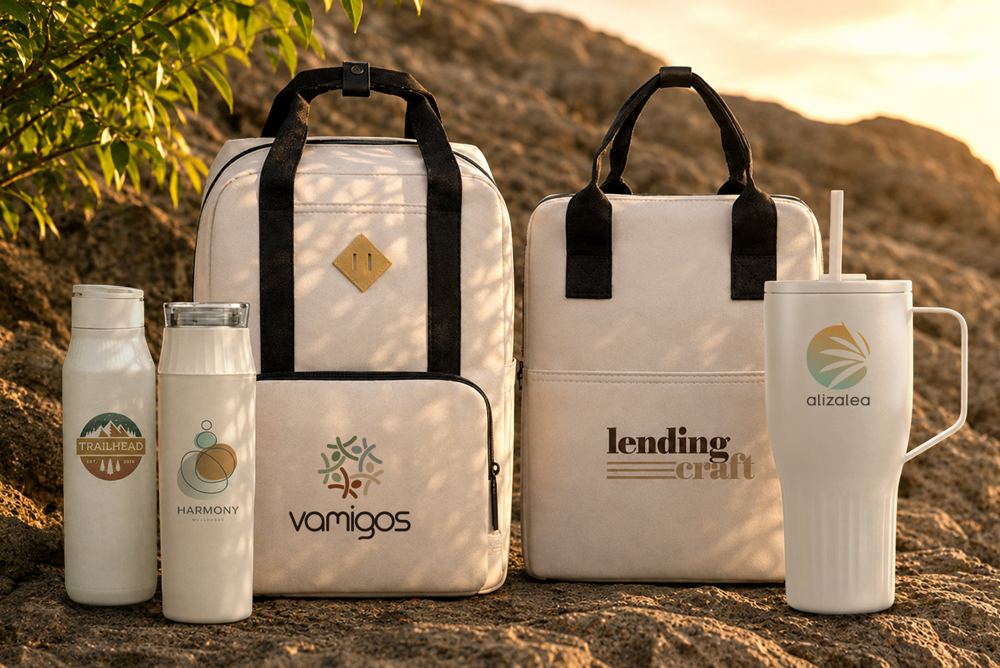 Branded backpacks, bottles and tumblers