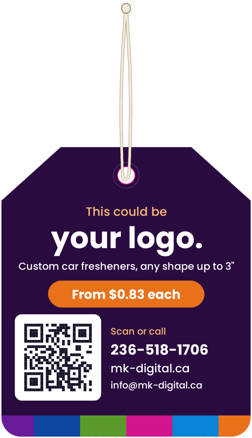 Custom car freshener on a string: this could be your logo, from $0.83 each